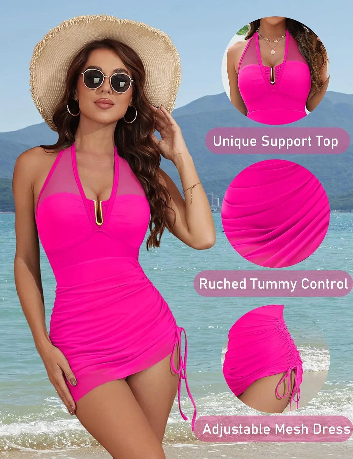 BMJL Womens One Piece Swimsuit Tummy Control Swim Dress Slimming Mesh Sheer Halter Sarong Wraps Bathing Suit