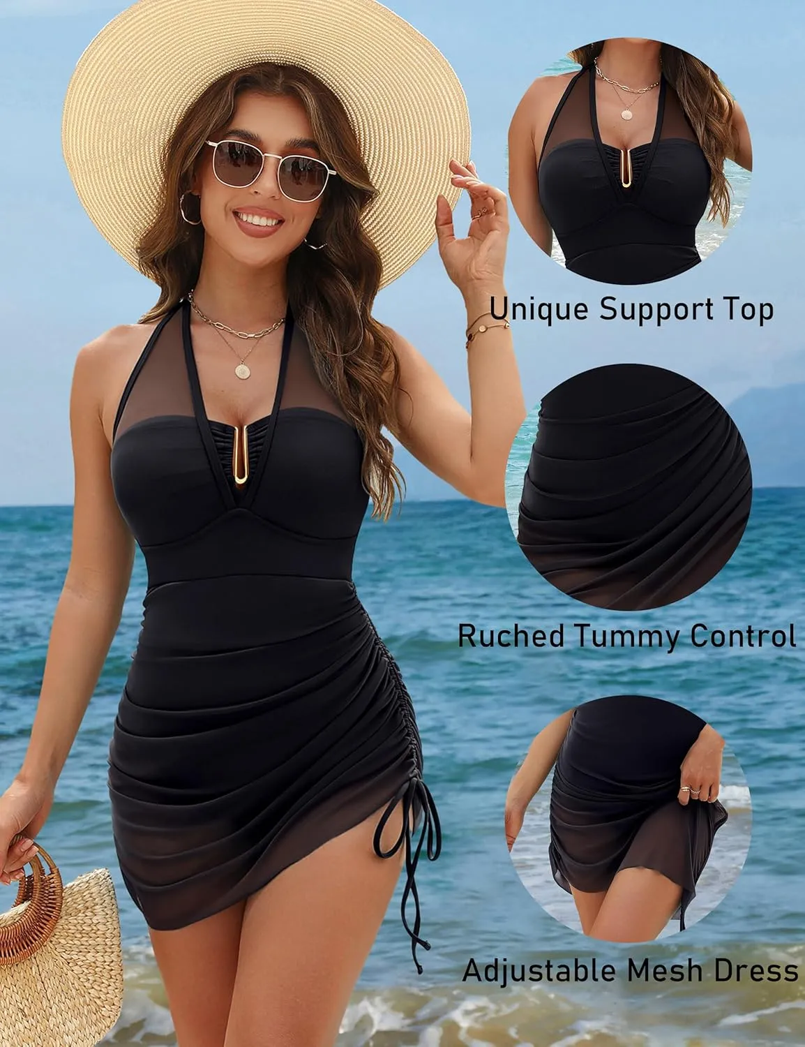 BMJL Womens One Piece Swimsuit Tummy Control Swim Dress Slimming Mesh Sheer Halter Sarong Wraps Bathing Suit