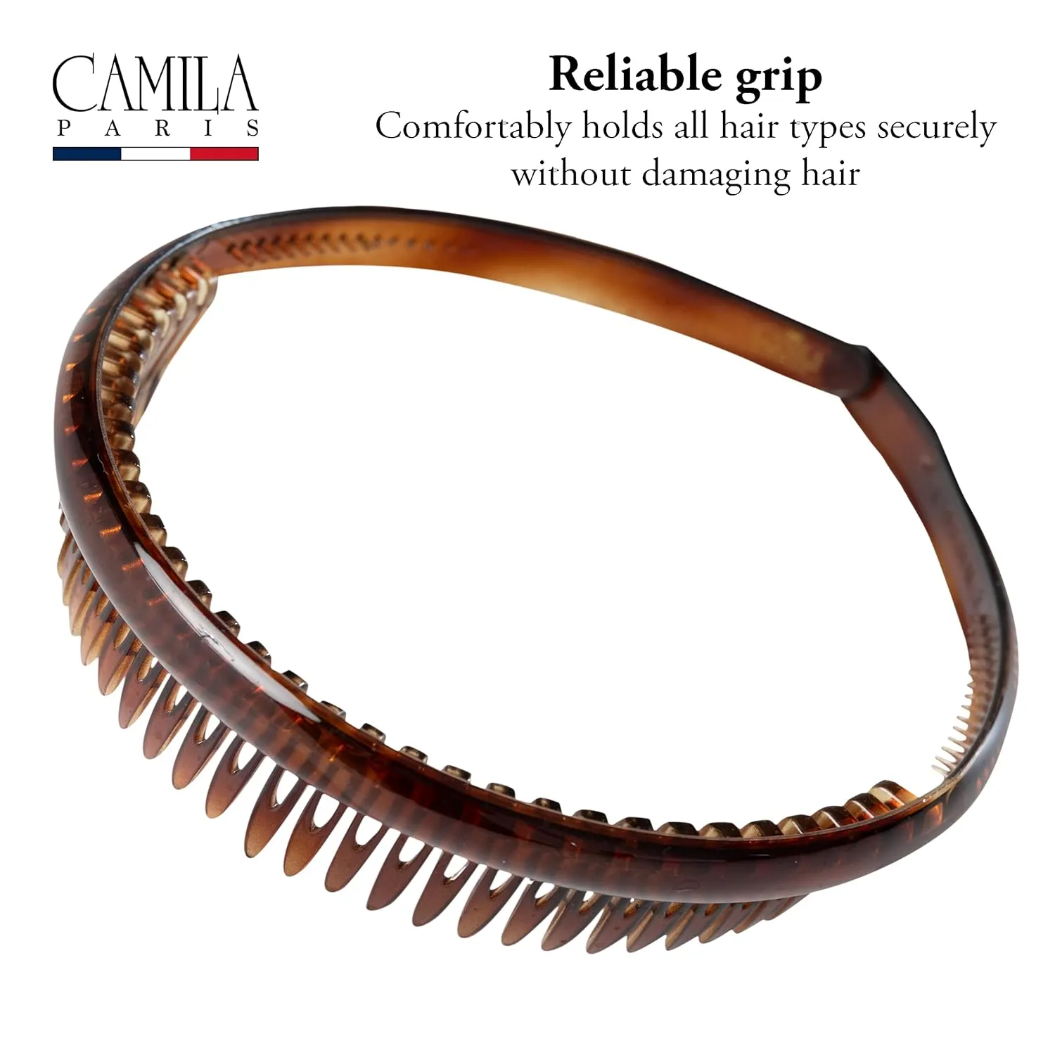 Camila Paris AD109 French Headband for Women Tortoise Shell, Strong Hold Grip Women's Hair Band, Very Flexible, No Slip and Durable Styling Girls Hair Accessories, Made in France
