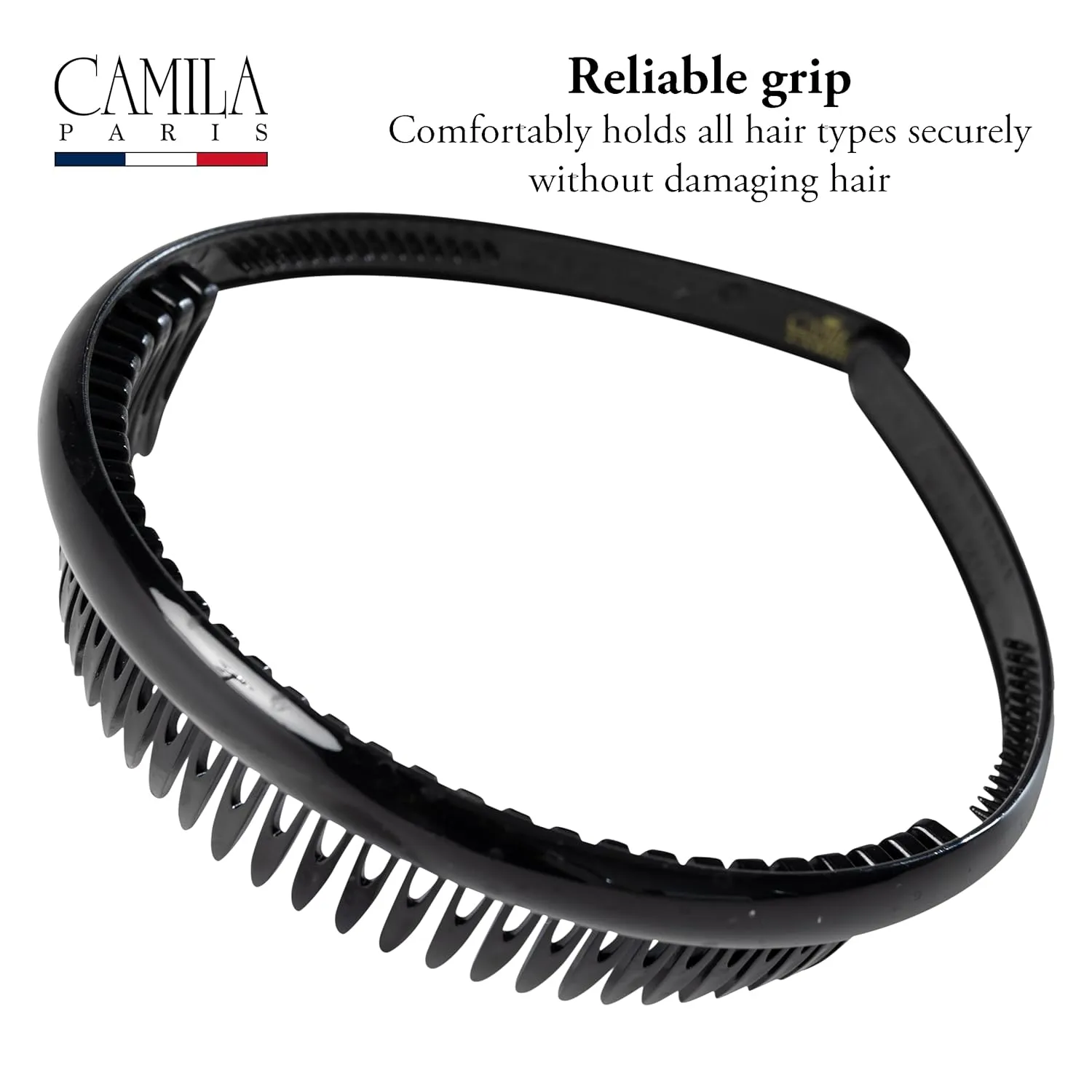 Camila Paris AD110 French Headband for Women, Black, Strong Hold Grip Women's Hair Band, Very Flexible, No Slip and Durable Styling Girls Hair Accessories, Made in France