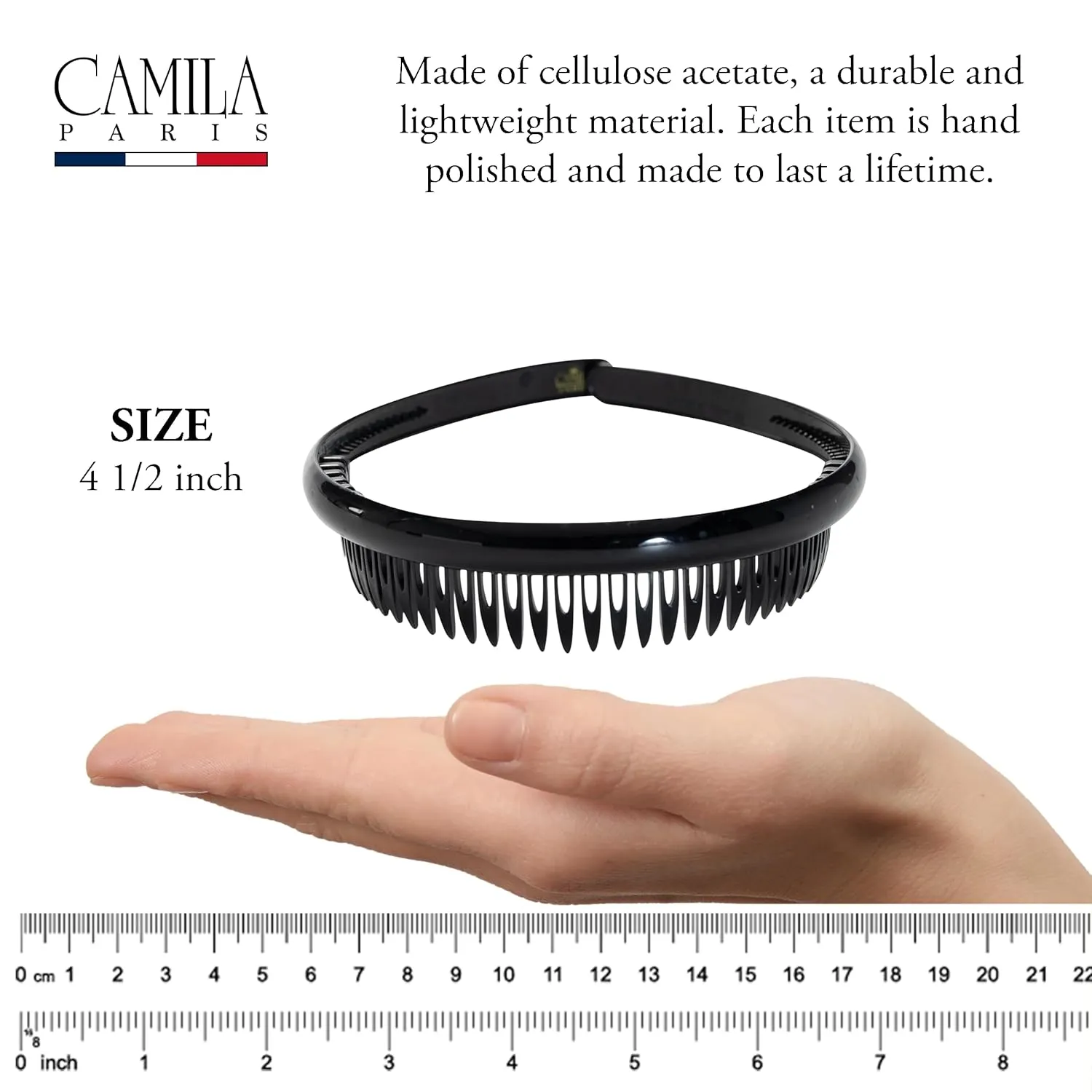 Camila Paris AD110 French Headband for Women, Black, Strong Hold Grip Women's Hair Band, Very Flexible, No Slip and Durable Styling Girls Hair Accessories, Made in France