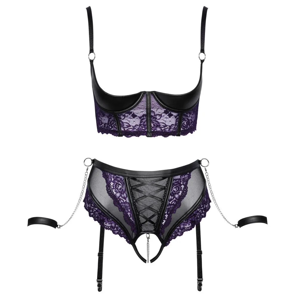 Cottelli Bondage Quarter Cup Bra With Suspender Briefs And Cuffs