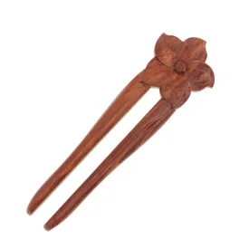 CrystalMood Handmade Carved 2-Prong Wood Flat Back Floral Hair Stick