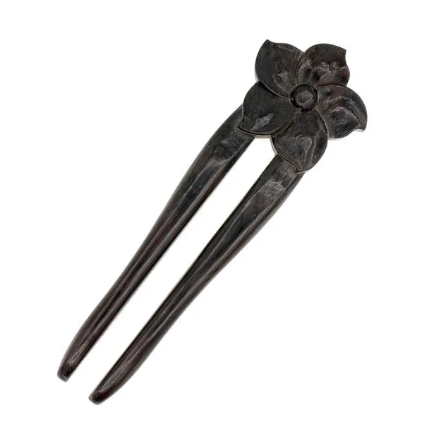 CrystalMood Handmade Carved 2-Prong Wood Flat Back Floral Hair Stick