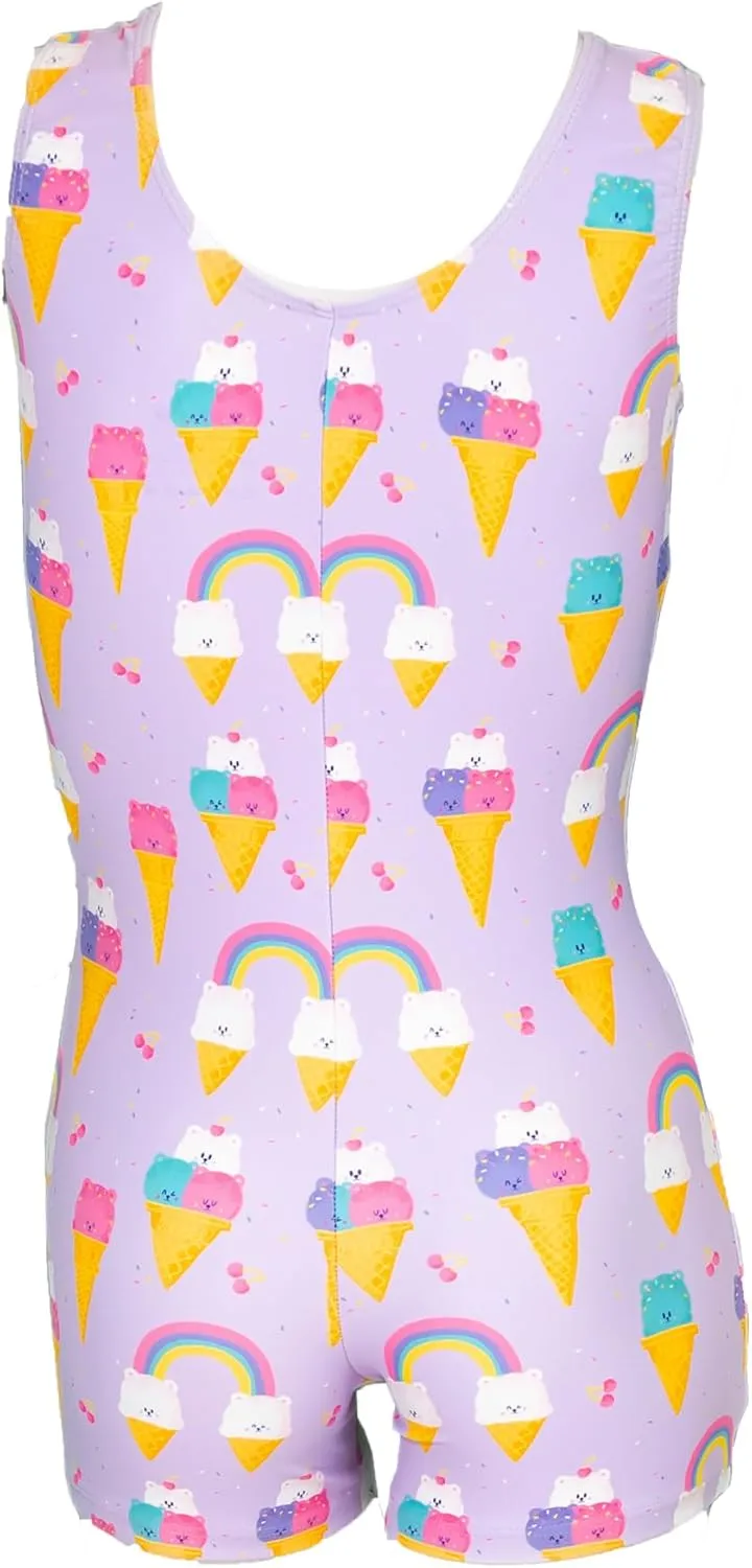 Destira Bear-y Chill Gymnastics Unitard for Girls, Purple Tank Biketard with Bear Ice Cream Cone Design & Matching Scrunchie