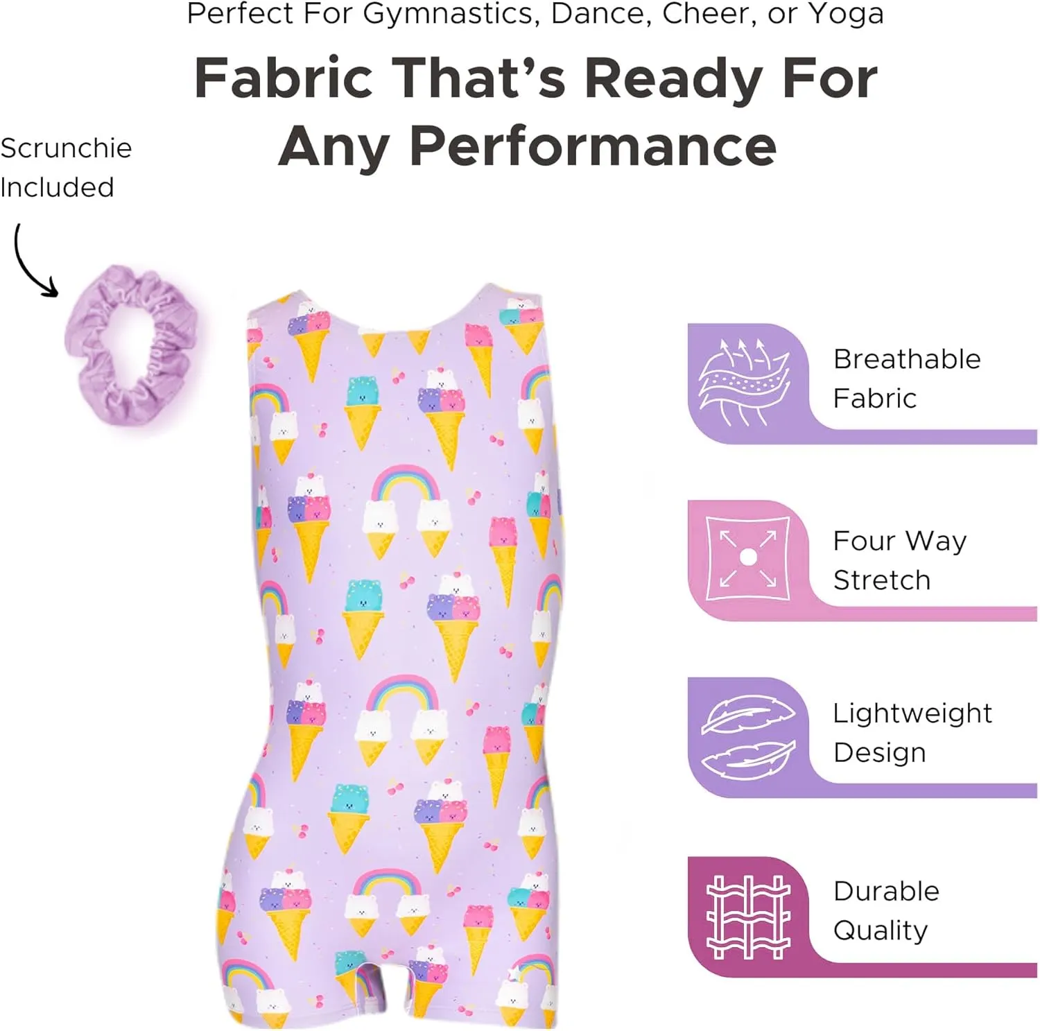 Destira Bear-y Chill Gymnastics Unitard for Girls, Purple Tank Biketard with Bear Ice Cream Cone Design & Matching Scrunchie