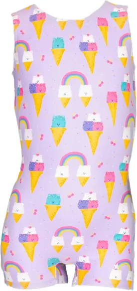 Destira Bear-y Chill Gymnastics Unitard for Girls, Purple Tank Biketard with Bear Ice Cream Cone Design & Matching Scrunchie
