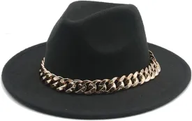 Fedora Hats Women Men Wide Brim Thick Gold Chain Band Felted Hat Jazz Cap Panama Hat Black 52-54cm(Kids)