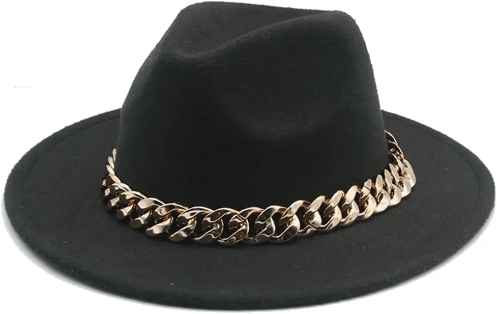 Fedora Hats Women Men Wide Brim Thick Gold Chain Band Felted Hat Jazz Cap Panama Hat Black 52-54cm(Kids)