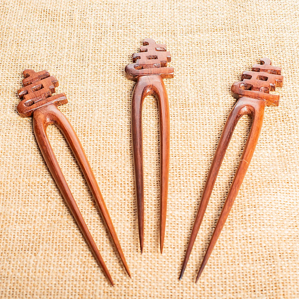 Happiness Wooden Double Prong Hair Stick