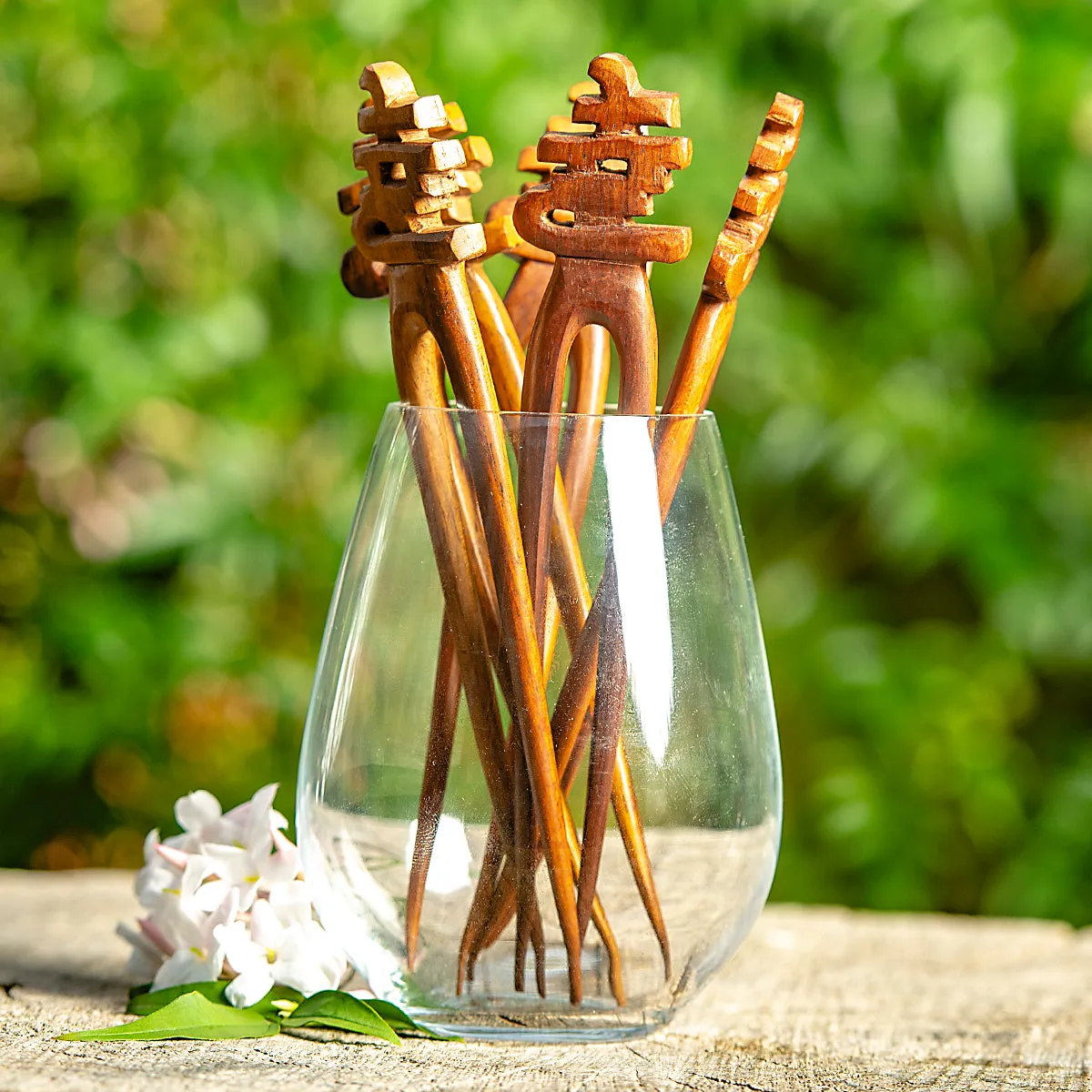 Happiness Wooden Double Prong Hair Stick