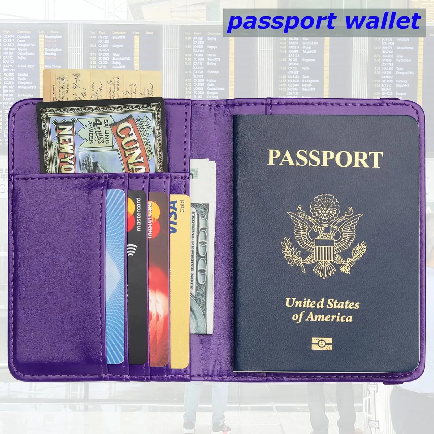 Herain Passport Holder Wallet Cover Case for Women Men Family, Metal US Badge Passport Book Holders with RFID Blocking, Travel Must Haves Cruise Ship Essentials (purple)