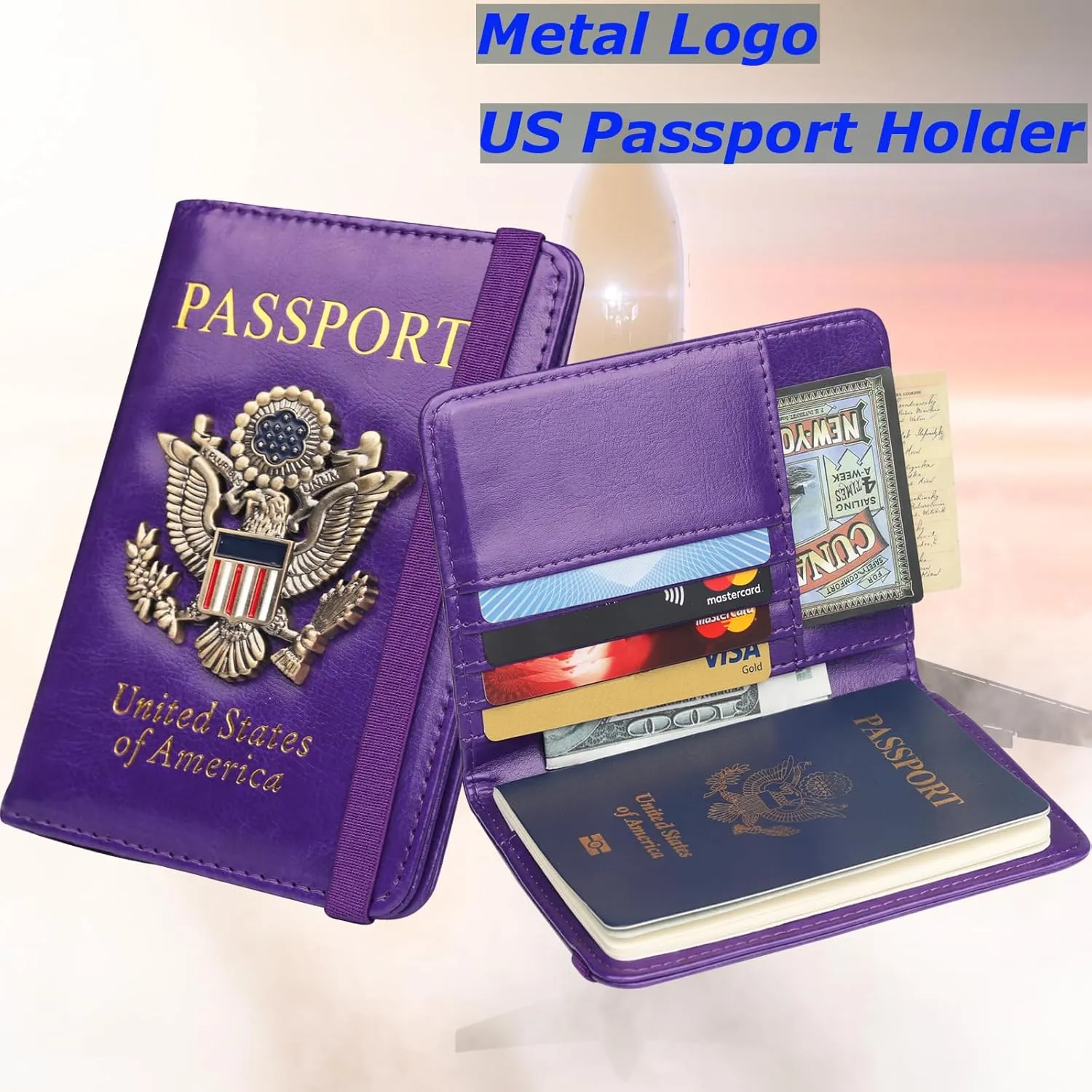 Herain Passport Holder Wallet Cover Case for Women Men Family, Metal US Badge Passport Book Holders with RFID Blocking, Travel Must Haves Cruise Ship Essentials (purple)