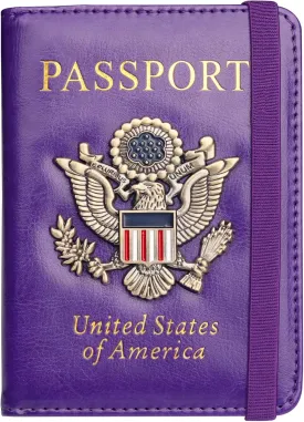 Herain Passport Holder Wallet Cover Case for Women Men Family, Metal US Badge Passport Book Holders with RFID Blocking, Travel Must Haves Cruise Ship Essentials (purple)