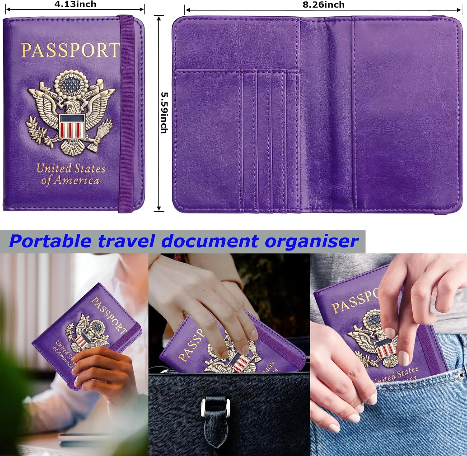 Herain Passport Holder Wallet Cover Case for Women Men Family, Metal US Badge Passport Book Holders with RFID Blocking, Travel Must Haves Cruise Ship Essentials (purple)