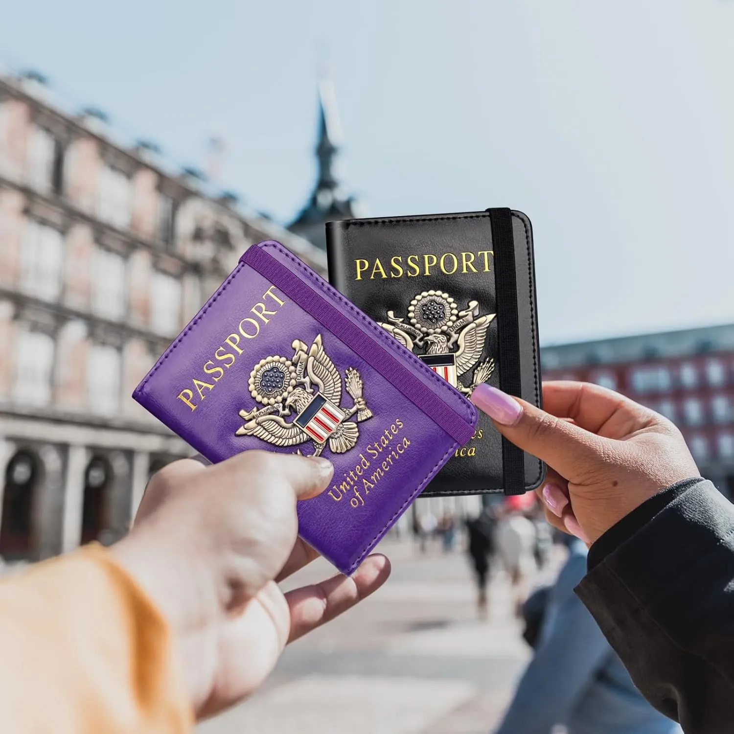 Herain Passport Holder Wallet Cover Case for Women Men Family, Metal US Badge Passport Book Holders with RFID Blocking, Travel Must Haves Cruise Ship Essentials (purple)