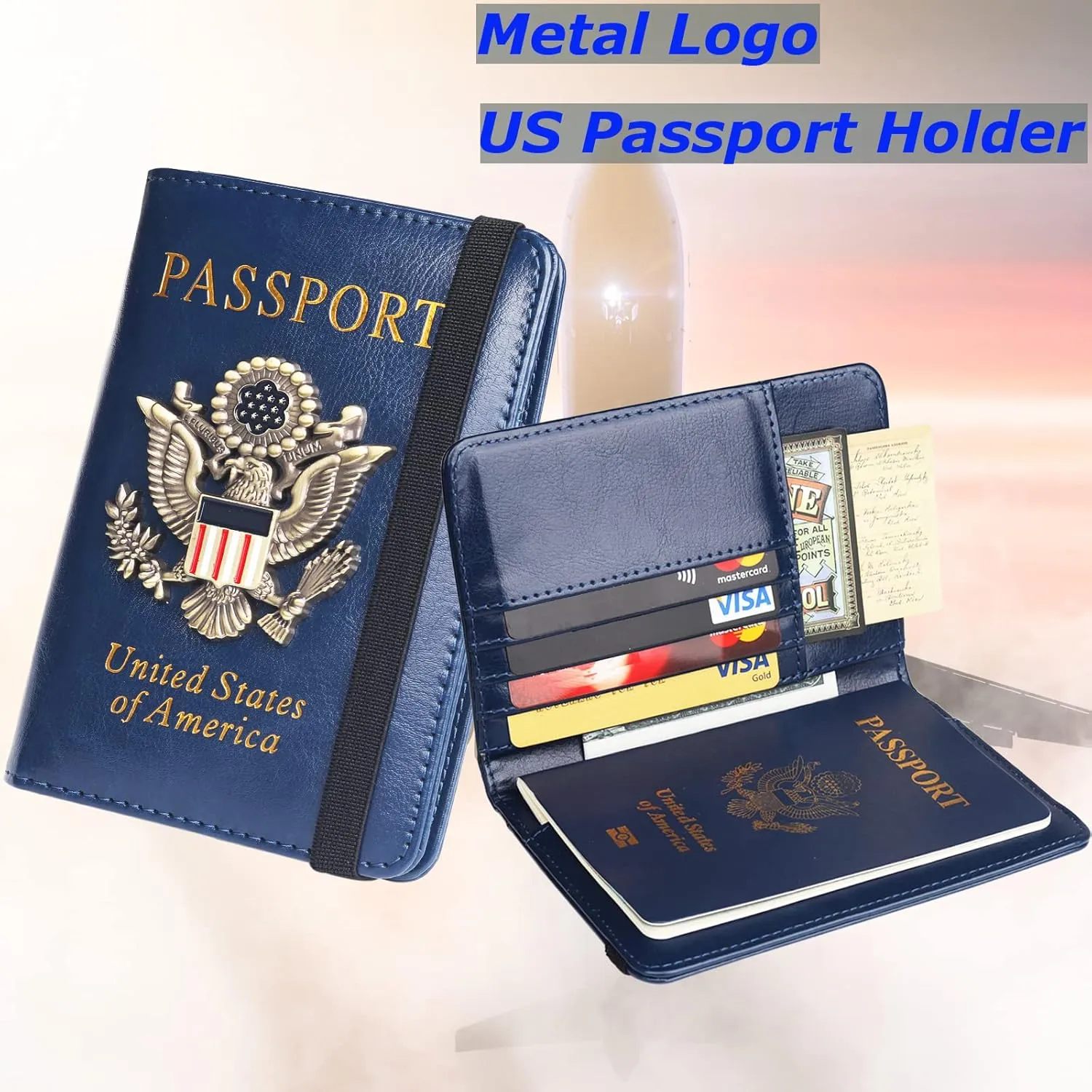 Herain Passport Holder Wallet Cover for Men Women Family, Metal US Badge Passport Case Passport Book Holers with RFID Blocking, Travel Essentials Cruise Accessories Must Haves