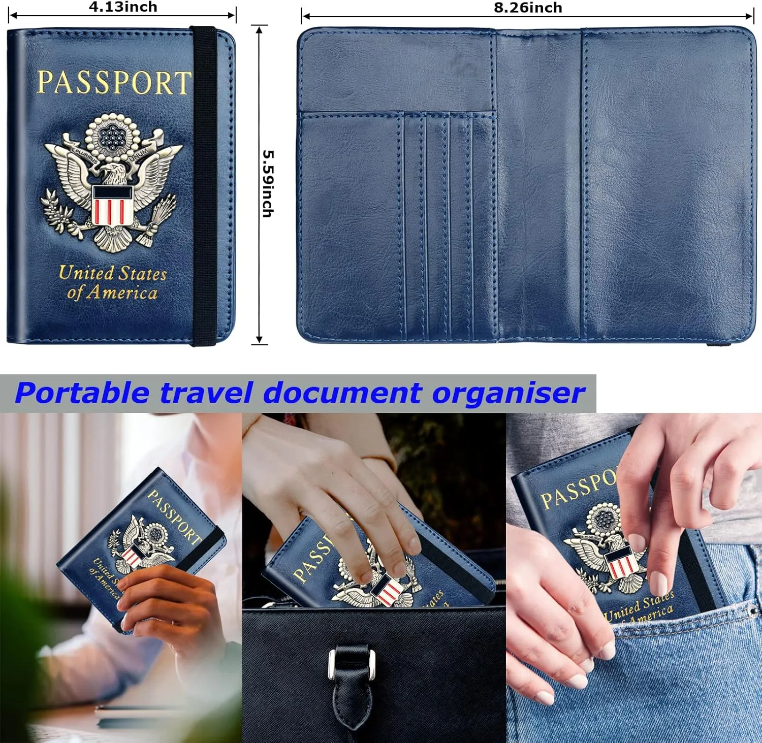 Herain Passport Holder Wallet Cover for Men Women Family, Metal US Badge Passport Case Passport Book Holers with RFID Blocking, Travel Essentials Cruise Accessories Must Haves