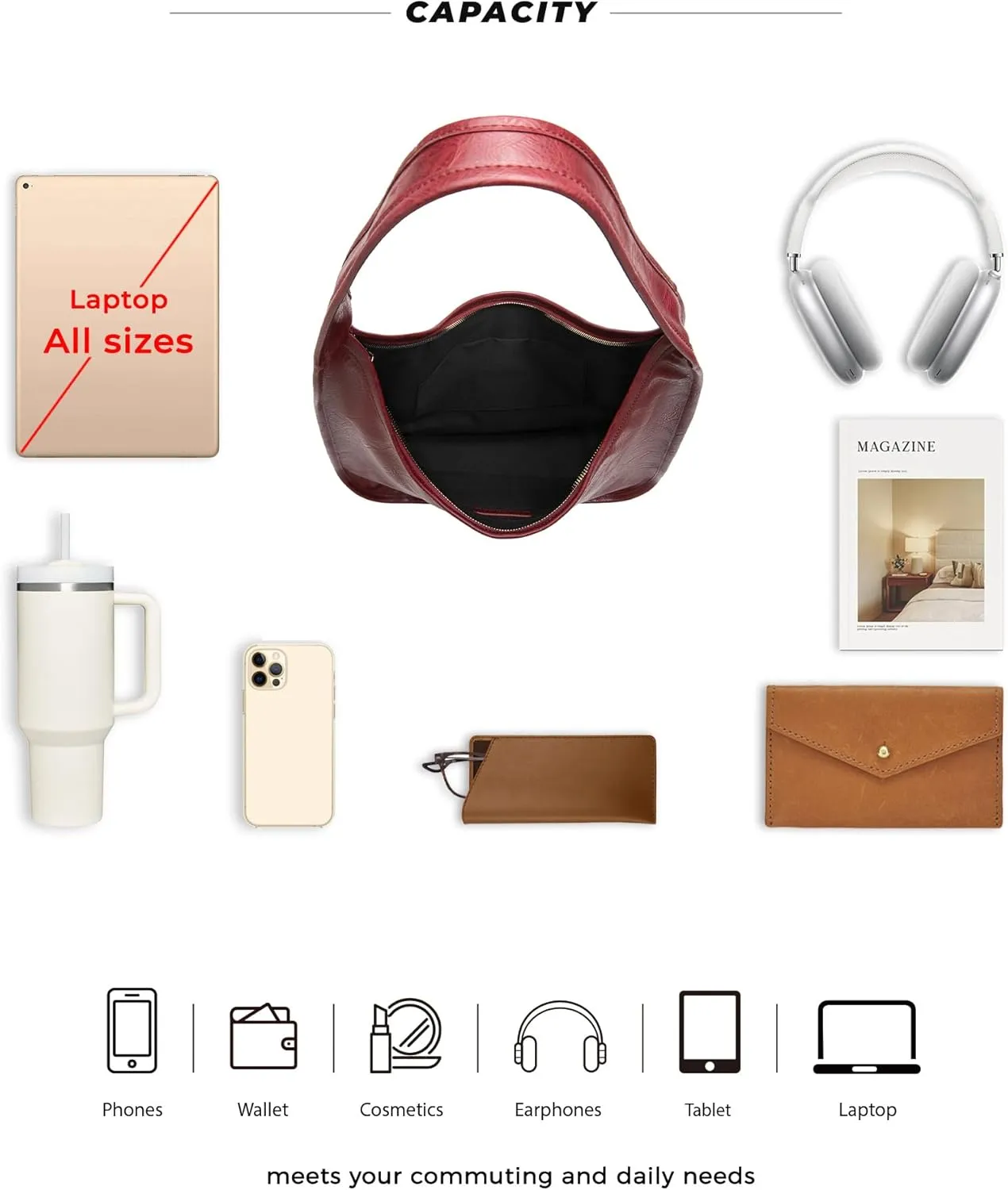 Hobo Purse, PU Leather Shoulder Bag, Tote Handbag for Work and Travel