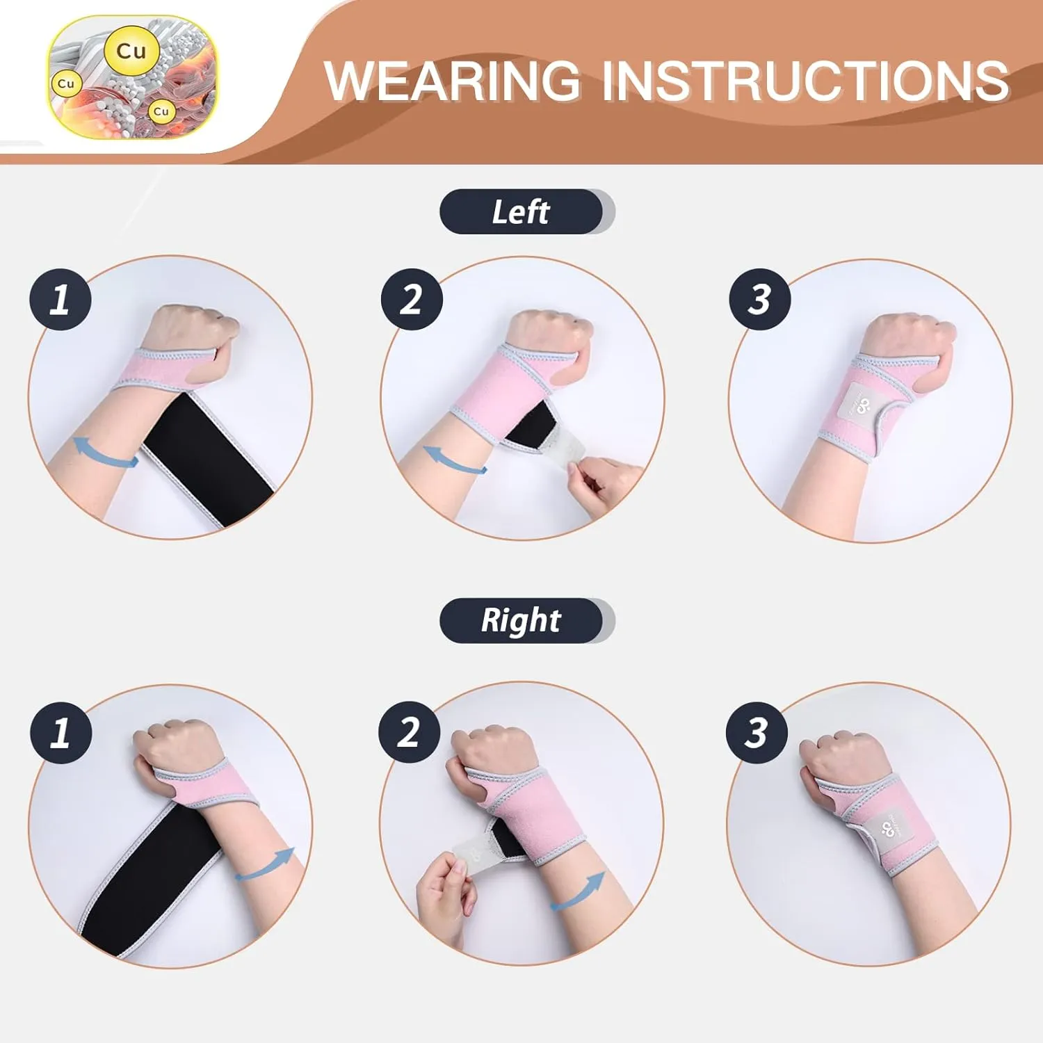 INDEEMAX 2 Pack Copper Wrist Brace Support for Carpal Tunnel, Pain Relief, Arthritis, Tendonitis, Adjustable Wrist Braces Compression Wraps Both Hands, Fit for Men and Women, Pink