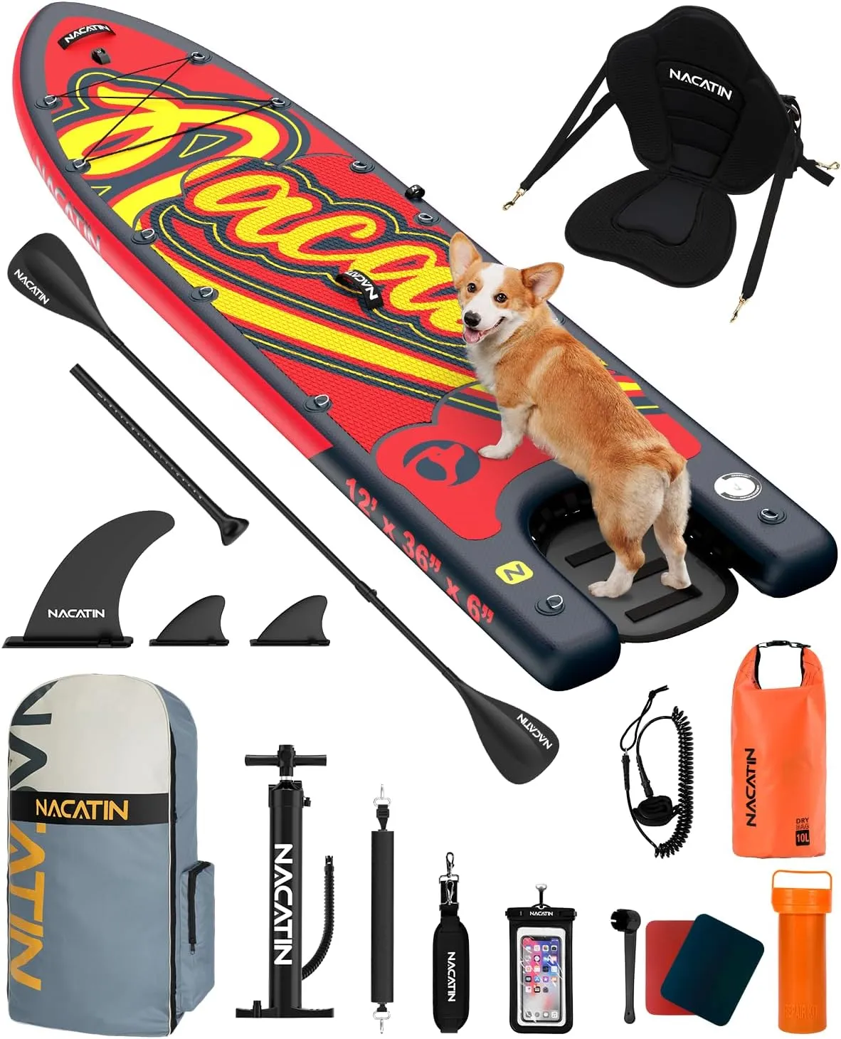 Inflatable Stand Up Paddle Board - Premium SUP Board with Dog Ramp Kit, Complete SUP Set Paddle Boards for Adults, with Single/Double Paddle, Kayak Seat and More Accessories