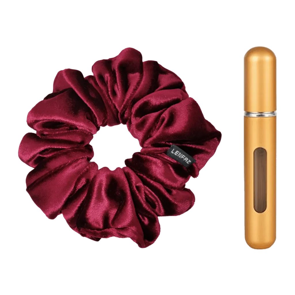 Intense Burgundy Velvet Scrunchie - Champagne Gold Mini Perfume Spray Btl.