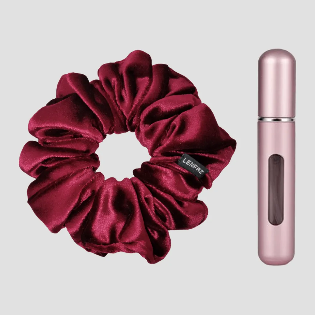 Intense Burgundy Velvet Scrunchie - Light Pink Mini Perfume Spray Btl.