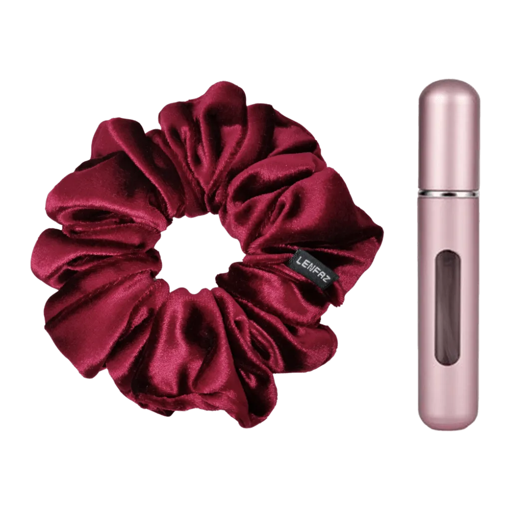 Intense Burgundy Velvet Scrunchie - Light Pink Mini Perfume Spray Btl.