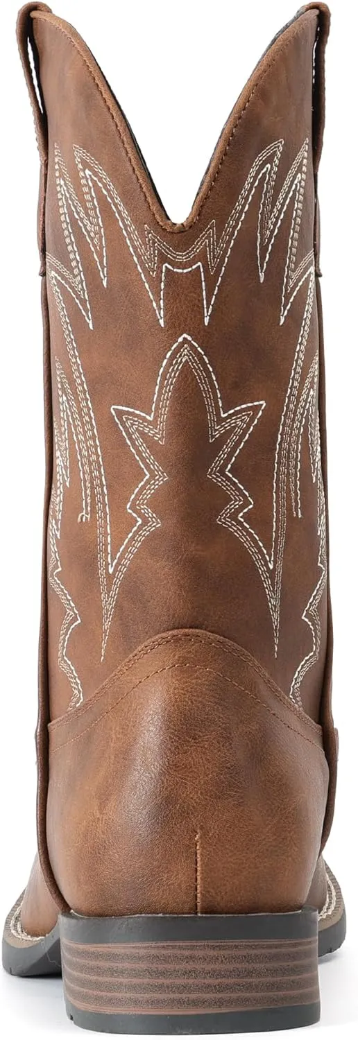 IUV Cowboy Boots For Men Square Toe Western Boots Durable Classic Embroidered Pull On Boot Slip Resistant Country Boot