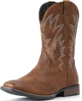 IUV Cowboy Boots For Men Square Toe Western Boots Durable Classic Embroidered Pull On Boot Slip Resistant Country Boot