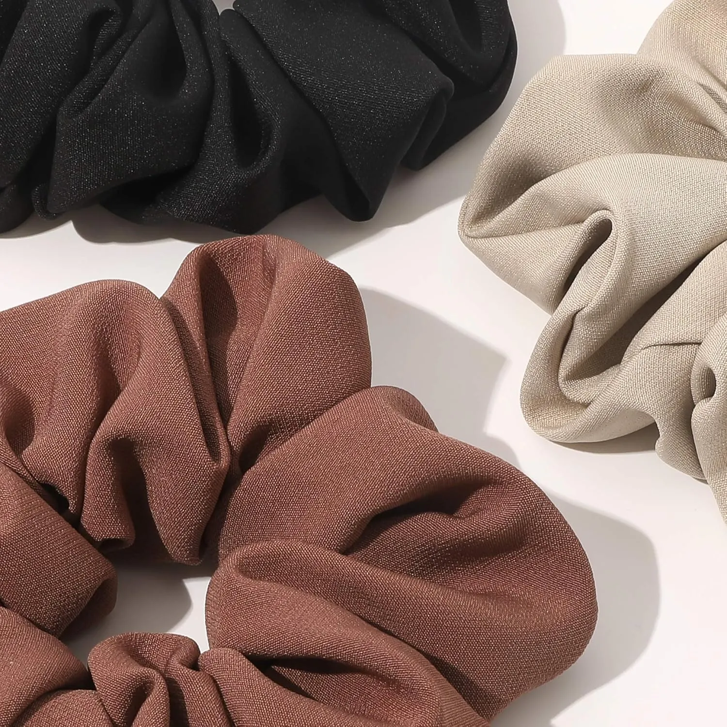 Ivyu Scrunchies Hair Ties, Big Large Scrunchie for Girls Women, Cute Hairties Jumbo Scrunchy For Thick Curl Hair No Crease Hair Accessories Soft Ropes Ponytail Holder, 4 Count, Black, Brown, Beige