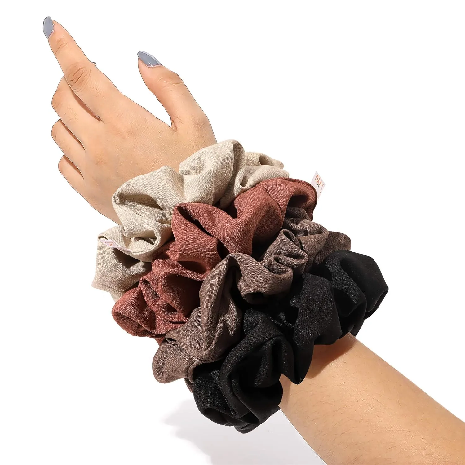 Ivyu Scrunchies Hair Ties, Big Large Scrunchie for Girls Women, Cute Hairties Jumbo Scrunchy For Thick Curl Hair No Crease Hair Accessories Soft Ropes Ponytail Holder, 4 Count, Black, Brown, Beige
