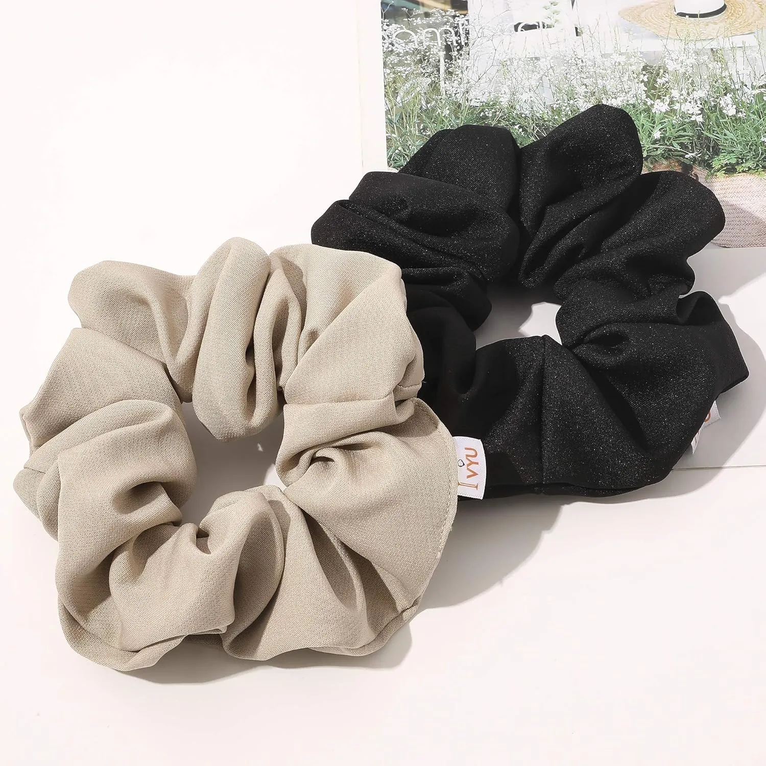 Ivyu Scrunchies Hair Ties, Big Large Scrunchie for Girls Women, Cute Hairties Jumbo Scrunchy For Thick Curl Hair No Crease Hair Accessories Soft Ropes Ponytail Holder, 4 Count, Black, Brown, Beige