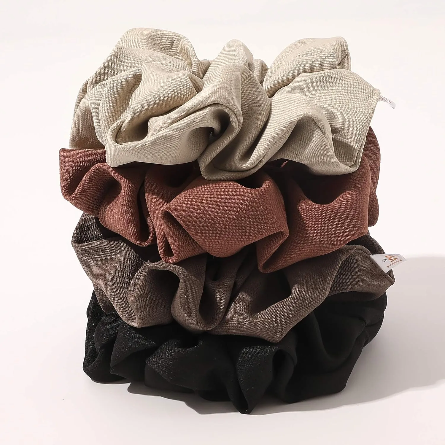 Ivyu Scrunchies Hair Ties, Big Large Scrunchie for Girls Women, Cute Hairties Jumbo Scrunchy For Thick Curl Hair No Crease Hair Accessories Soft Ropes Ponytail Holder, 4 Count, Black, Brown, Beige