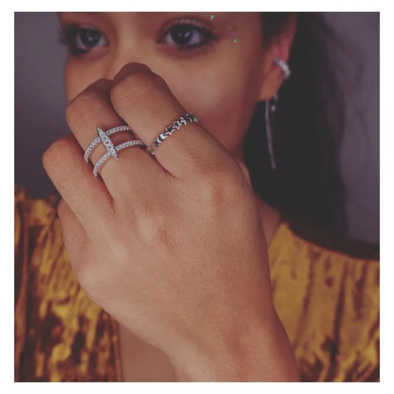 Kesley Oval Surf Silver Ring, Diamond CZ Sparkle Double Stacked .925 Sterling Silver Nickel Free Luxury Ring