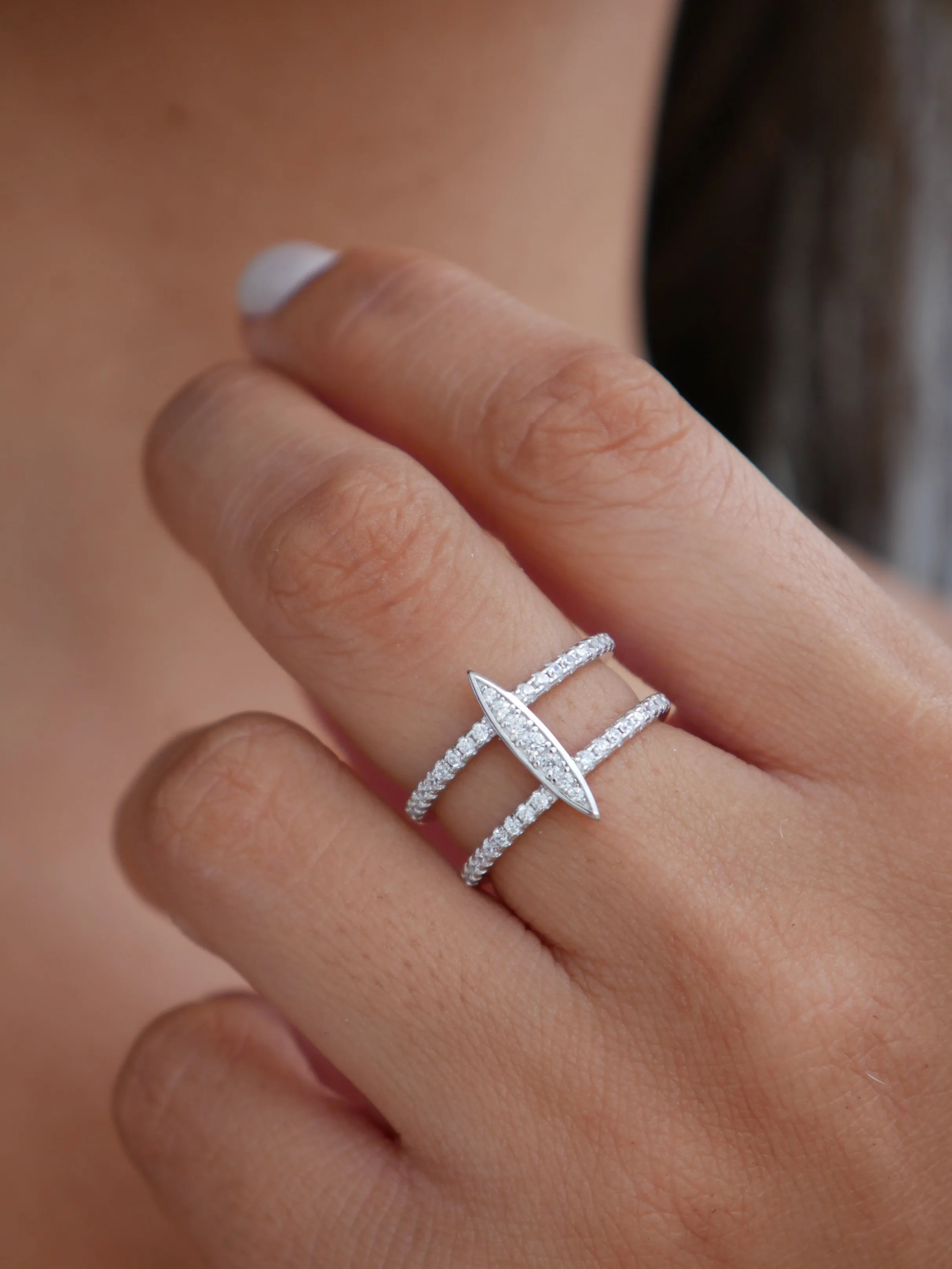 Kesley Oval Surf Silver Ring, Diamond CZ Sparkle Double Stacked .925 Sterling Silver Nickel Free Luxury Ring