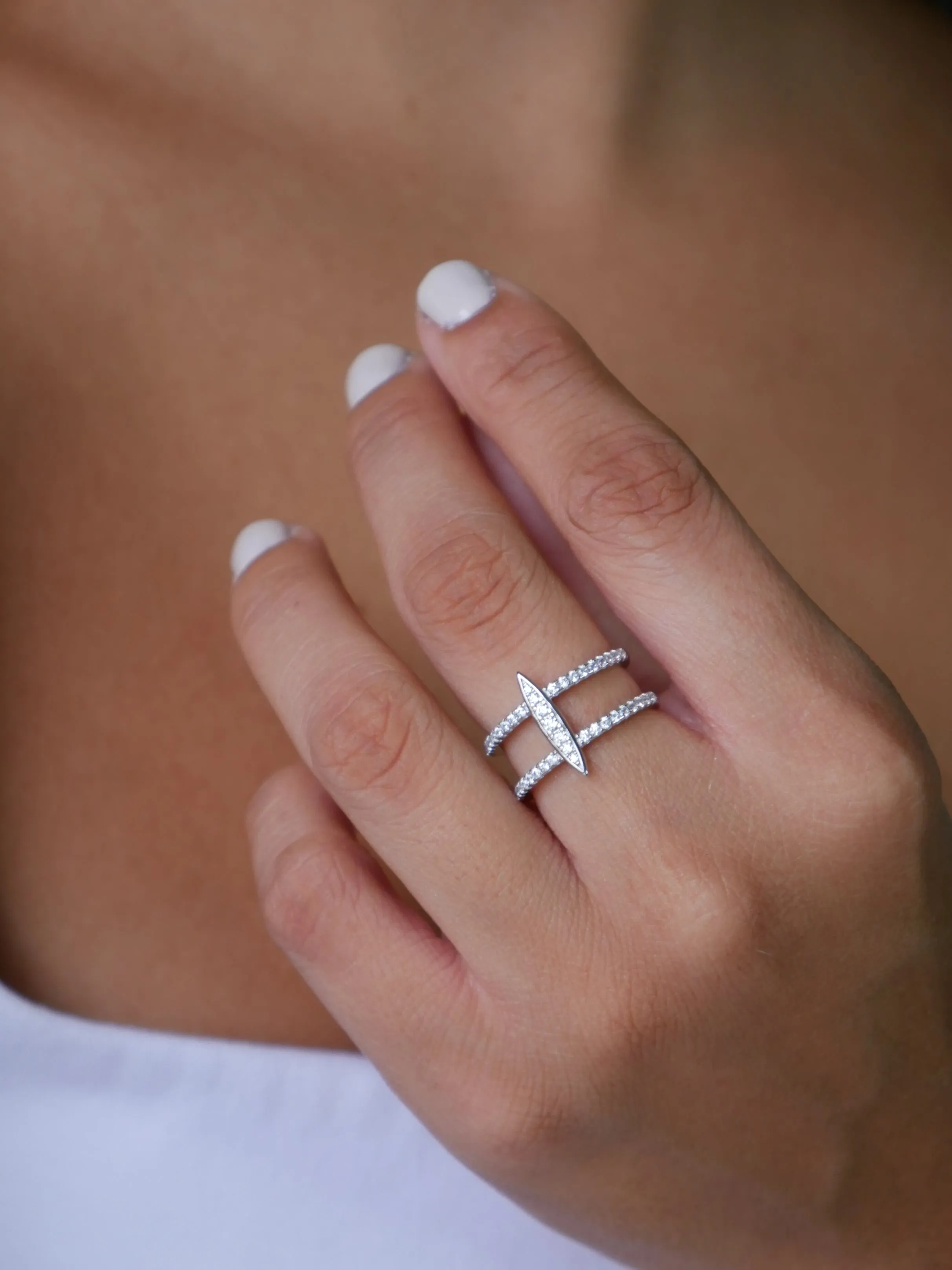 Kesley Oval Surf Silver Ring, Diamond CZ Sparkle Double Stacked .925 Sterling Silver Nickel Free Luxury Ring