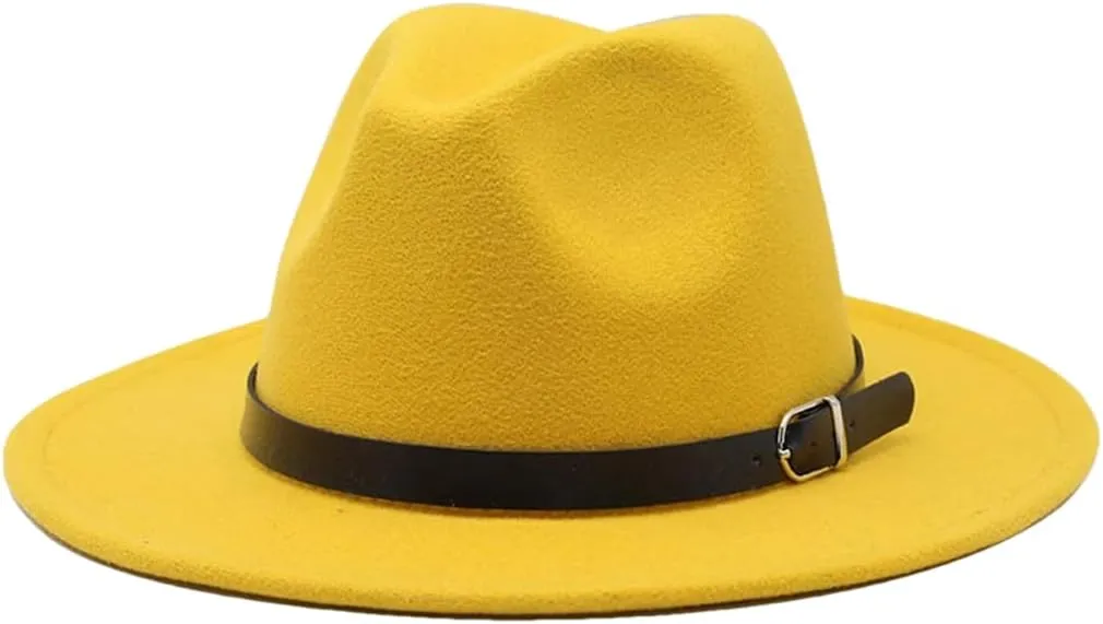 Men Fedoras Women's Jazz Hat Woolen Blend Cap Outdoor Casual Hat Panama Hat Yellow 58-61CM
