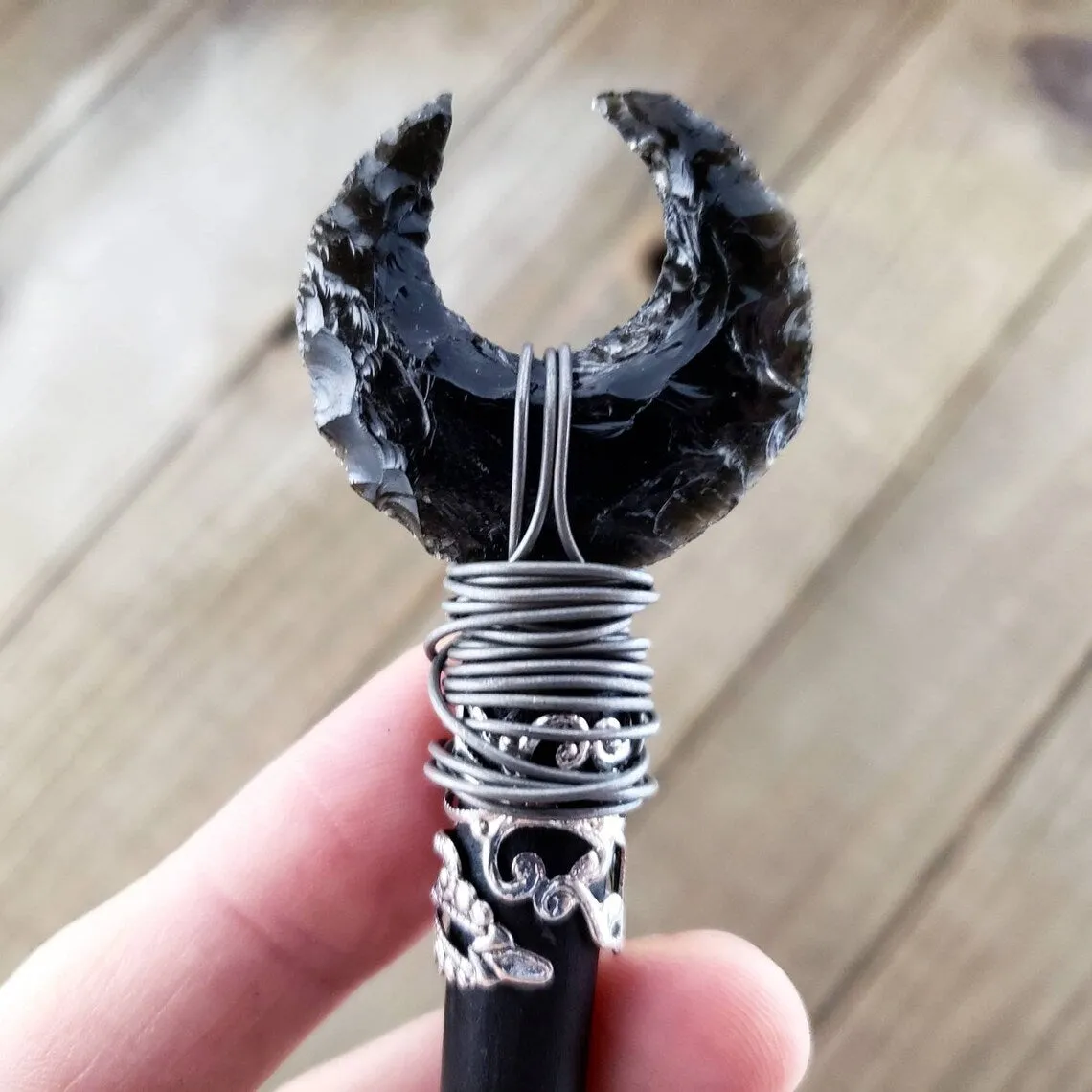 Obsidian moon wooden hair stick