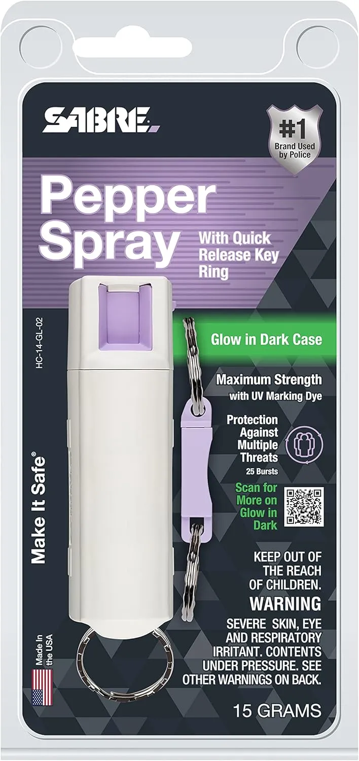 SABRE Pepper Spray, Quick Release Keychain for Easy Carry and Fast Access, Finger Grip for More Accurate and Faster Aim, Maximum Police Strength OC Spray, 0.54 fl oz, Secure and Easy to Use Safety