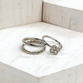 Set of 2 | Clover Shaped Sunburst Ring Set in Silver Tone