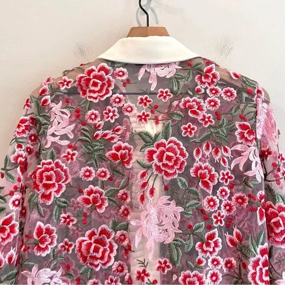Sheer Floral Embroidered Button Down Top