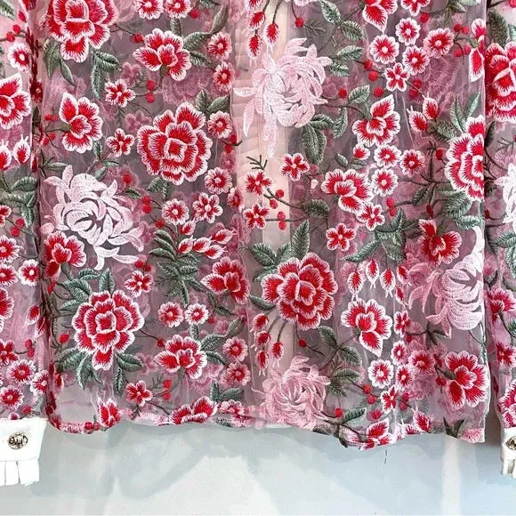 Sheer Floral Embroidered Button Down Top