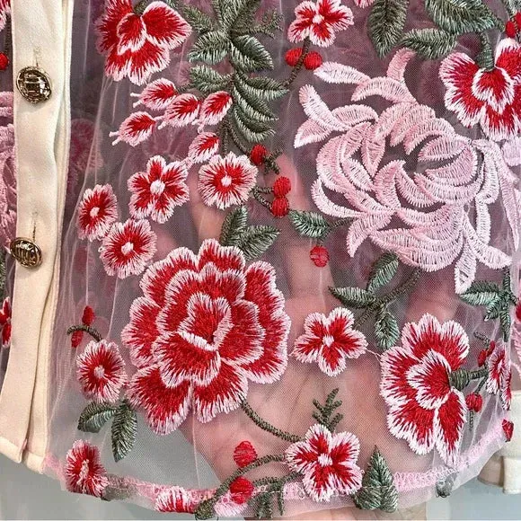 Sheer Floral Embroidered Button Down Top