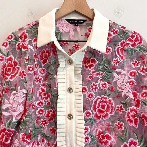 Sheer Floral Embroidered Button Down Top