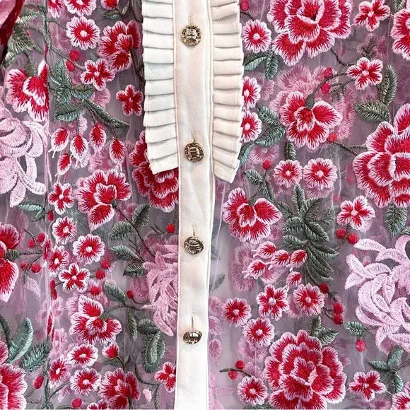 Sheer Floral Embroidered Button Down Top