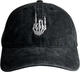 Skeleton Hand with Finger Embroidered Baseball Cap,Funny Plain Black Snapback dad Hats for Men Women
