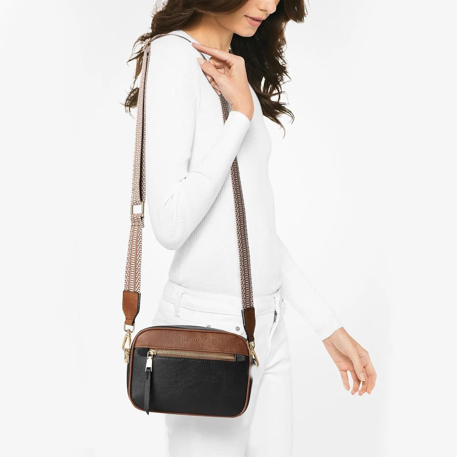 Small Crossbody Bag for Women Triple Pockets Vegan Leather Shoulder Camera Purse with Long Guitar Strap