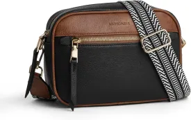 Small Crossbody Bag for Women Triple Pockets Vegan Leather Shoulder Camera Purse with Long Guitar Strap