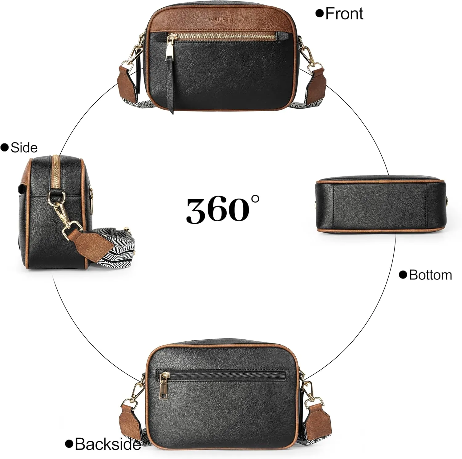 Small Crossbody Bag for Women Triple Pockets Vegan Leather Shoulder Camera Purse with Long Guitar Strap